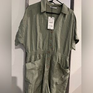 Linen blend shirt style jumpsuit